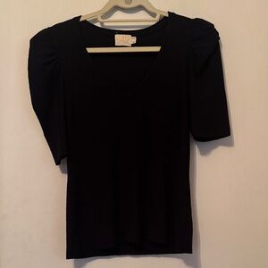 Nation LTD Size Large Chic Ribbed Black V-Neck Women's Ruched Sleeve Blouse